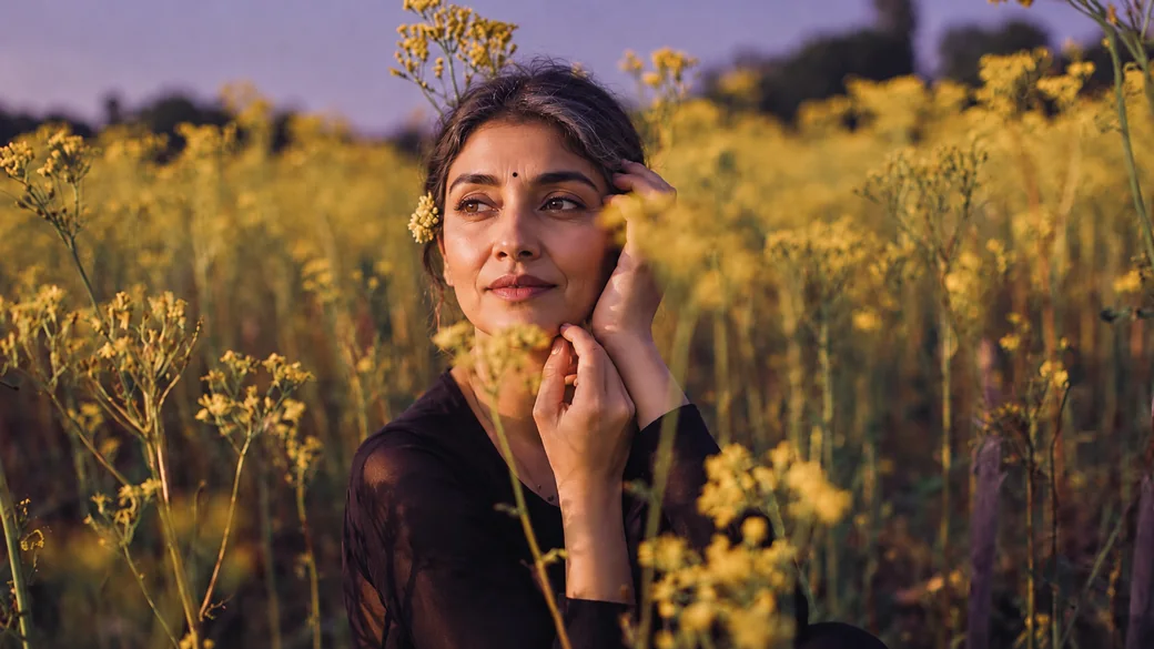 A woman with silver-streaked hair smiling softly in a golden mustard field